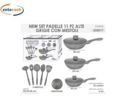 BATTERIA 11 PZ PADELLE GRIGIE PIETRA ANTIADERENTI COTT.INDUZ