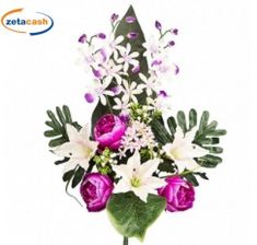 MAZZO FRONTALE 14 PEONIE GIGLI ORCHIDEE H58CM BIANCO FUCSIA