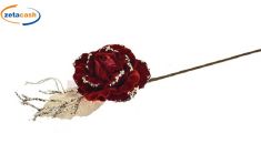 FIORE GAMBO LUNGO ROSSO GLITTER E FOGLIE IN TESSUTO E RETINA