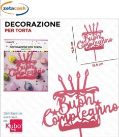CAKE TOPPER IN PLASTICA BUON COMPLEANNO ROSA CM 15 X 16