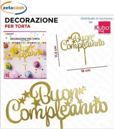 CAKE TOPPER IN PLASTICA ORO CON SCRITTA BUON COMPLEANNO