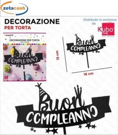 CAKE TOPPER IN PLASTICA NERA STRISCIONE BUON COMPLEANNO