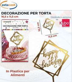 CAKE TOPPER IN PLASTICA ORO SCRITTA HAPPY BIRTHDAY CM 12X17