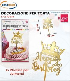 CAKE TOPPER IN PLASTICA ORO CORONA E SCRITTA HAPPY BIRTHDAY