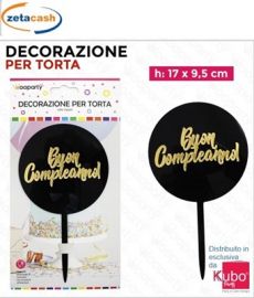 CAKE TOPPER IN PLASTICA NERA CON SCRITTA ORO BUON COMPLEANNO