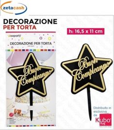 CAKE TOPPER STELLA ORO E NERA CON SCRITTA BUON COMPLEANNO