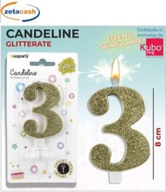 CANDELA ORO GLITTERATA NUMERO 3 CM 8