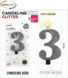 CANDELA NERA GLITTERATA NUMERO 3 CM 8