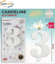 CANDELA BIANCA GLITTERATA NUMERO 3 CM 8