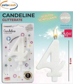 CANDELA BIANCA GLITTERATA NUMERO 4 CM 8