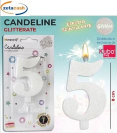 CANDELA BIANCA GLITTERATA NUMERO 5 CM 8