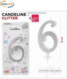 CANDELA GLITTERATA ARGENTO NUMERO 6 CM 12