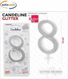CANDELA GLITTERATA ARGENTO NUMERO 8 CM 12