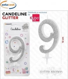 CANDELA GLITTERATA ARGENTO NUMERO 9 CM 12
