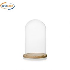 CAMPANA IN VETRO TRASPARENTE CON BASE IN LEGNO DIAM15XH20CM