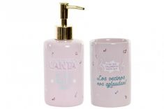 DISPENSER E PORTA SPAZZOLINI IN CERAMICA ROSA CM 8X7X17,5