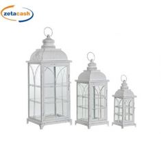 SET 3 LANTERNE METALLO BIANCO FINESTRE VETRO DEC QUADRIFOGLI