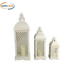 SET 3 LANTERNE METALLO COLORE BIANCO GRIGLIA FIORI