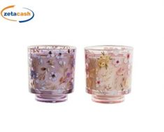 CANDELA IN BICCHIERE VETRO TRASPARENTE FIORATO H10 D9 CM