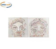 QUADRO TELA 90X90 VISO DONNA DETTAGLI POM POM TELAIO PINO