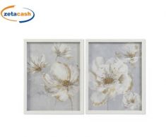 QUADRO VETRO CORNICE LEGNO FIORI BIANCO DETT ORO H50X40CM