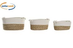 SET 3 CESTE OVALI FONDO VIMINI FASCIA SUP MANICI COTONE BIAN