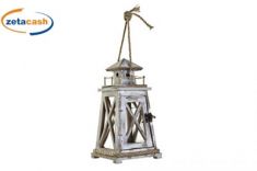 LANTERNA IN LEGNO E VETRO CON CORDA 17X17X34 CM