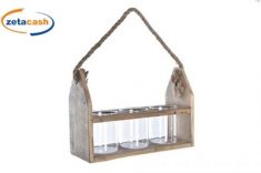 PORTACANDELA IN LEGNO 3 VASI IN VETRO CON CORDA 34X12X22 CM