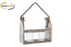 PORTACANDELA IN LEGNO E 2 VASI IN VETRO CON CORDA