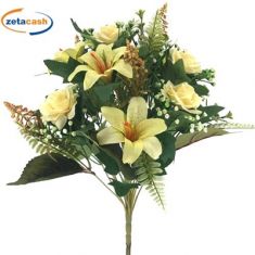 BOUQUET DI GIGLI E ROSELLINE GIALLE H 42 CM