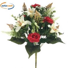 BOUQUET DI GIGLI E ROSELLINE ROSSE H 42 CM