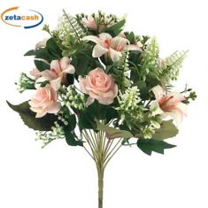 BOUQUET DI GIGLI E ROSELLINE ROSA H 42 CM