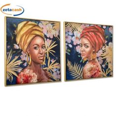 QUADRO IN TELA CON CORNICE ORO DONNA AFRICANA CON CAPPELLO