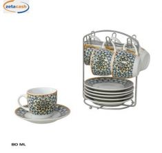 SET 6 TAZZE CERAMICA DECORATA C/PIATTO E SUPPORTO METALLO